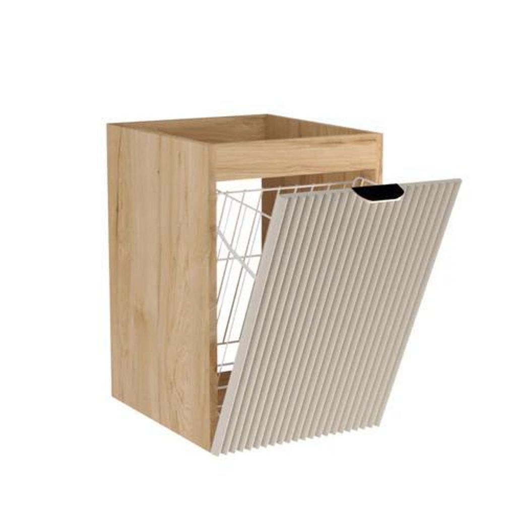 WENA Badezimmerschrank 40 cm, mit Wäschekorb, geriffelte Fronten, Griffe aus Metall in der Farbe Gold Willy (Farbe: Kaschmir/Walnuss)