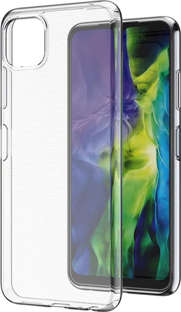 A clear phone case is shown with a smartphone inside.