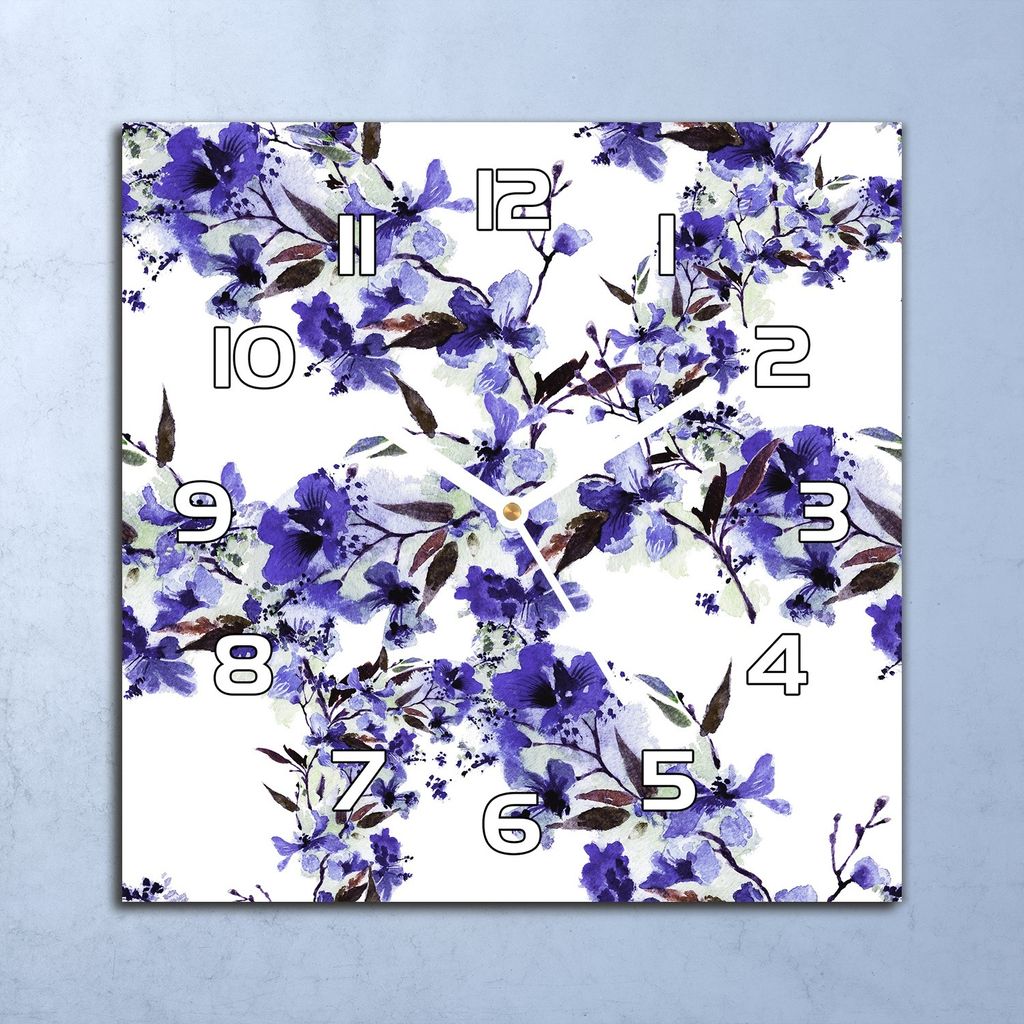 Deko Glasuhr Wanduhr 30x30 Blau Aquarell Blumen Quarz Küchenuhr Bürouhr