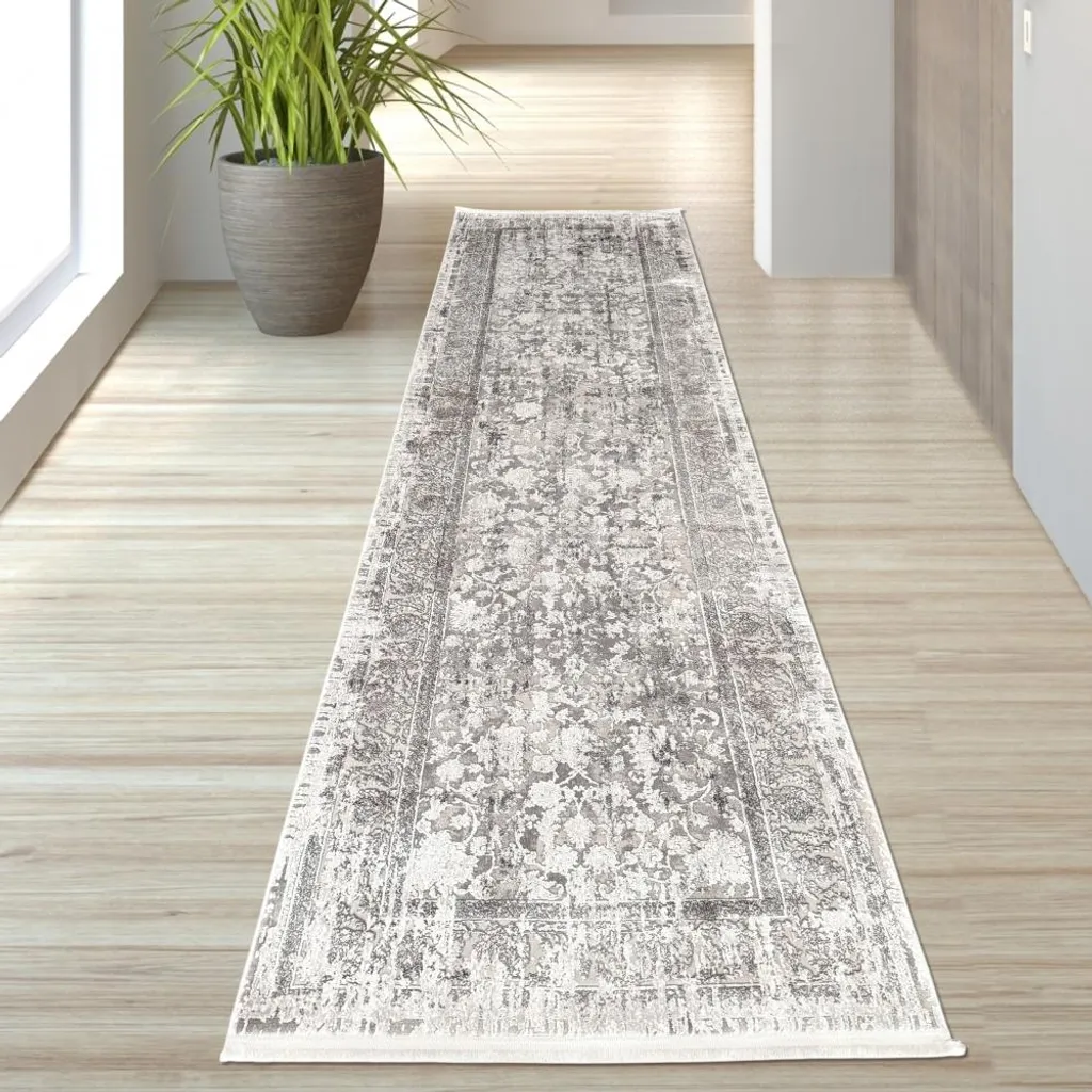 Tapis de passage salon ou chambre 80x300 cm en laine gris oriental
