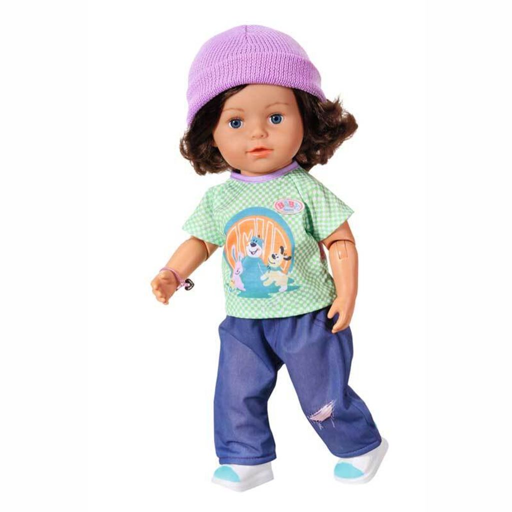 A full-body shot of a doll wearing a purple beanie, a green and white checkered t-shirt with a graphic, and blue jeans.