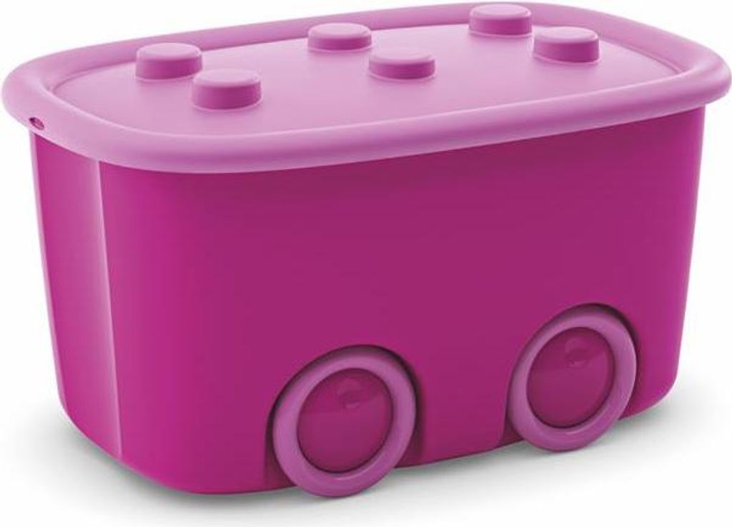 A pink and purple toy storage box with wheels and studs on the lid, designed to resemble building blocks.