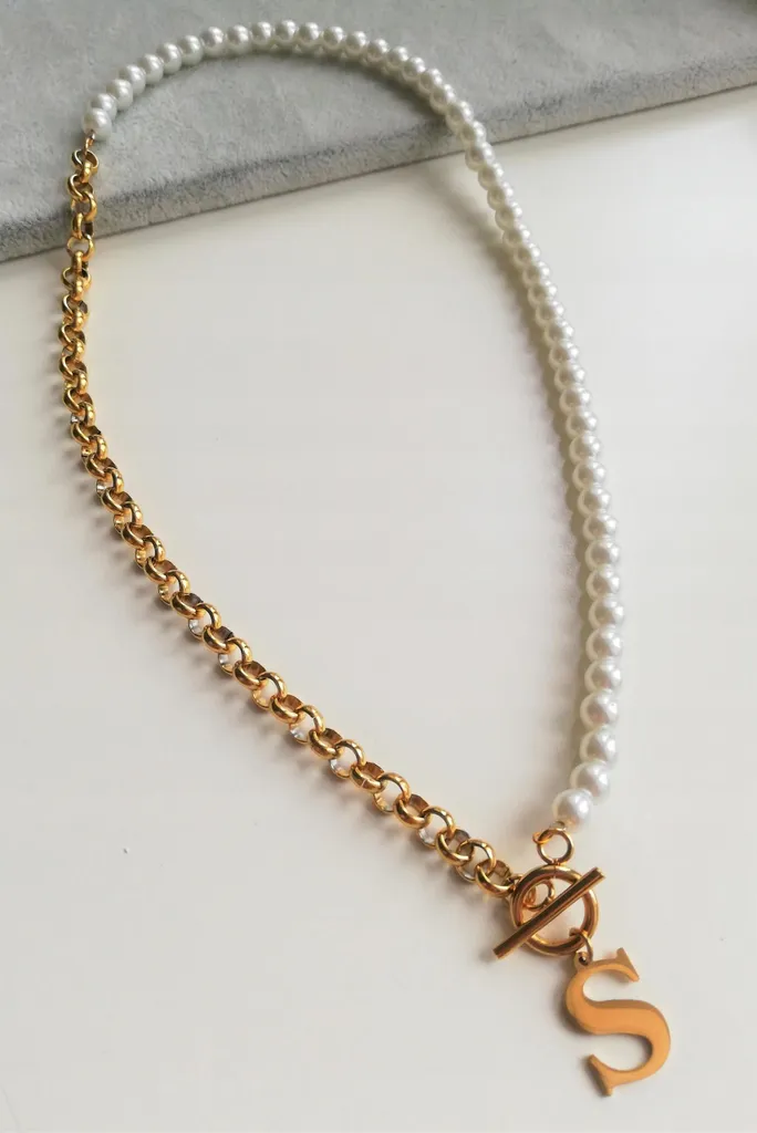 Offerta Collana Perle e Acciaio con Lettera - Catena 45cm Robusta