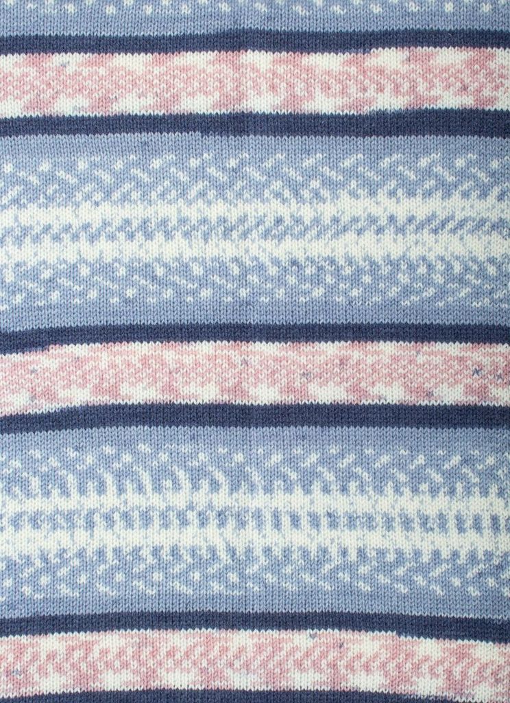A close-up view of a knitted fabric with horizontal stripes in blue, pink, and white.