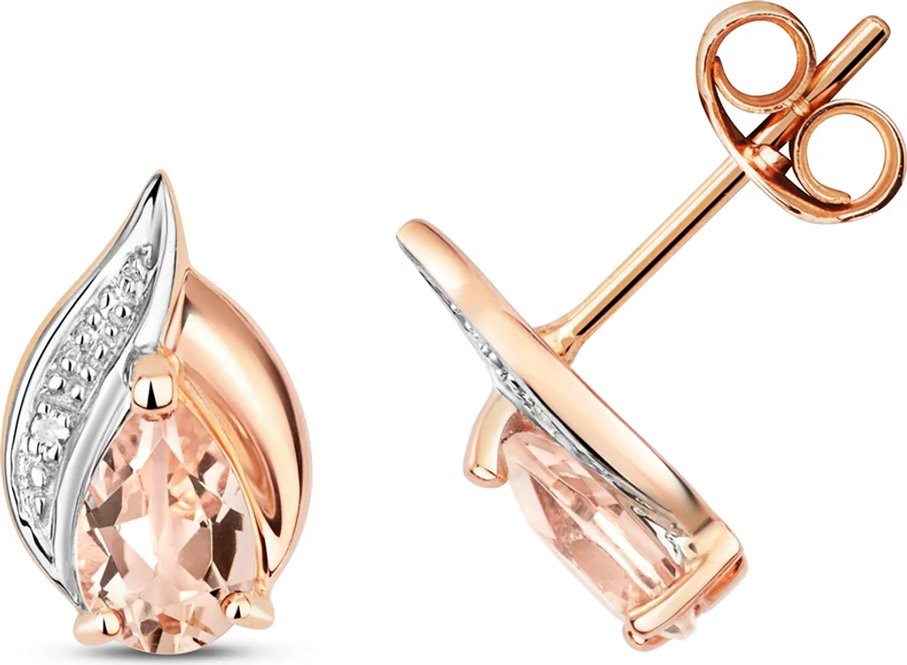 Boucles d'oreilles puces femme or rose avec diamants et morganite poire