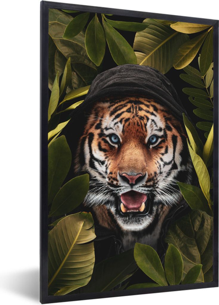 MuchoWow MuchoWow Gerahmtes Poster Tiger - Blätter - Pflanzen 40x60 cm - Poster mit zchwarzem Bilderrahmen - Papierdruck - Wandbilder