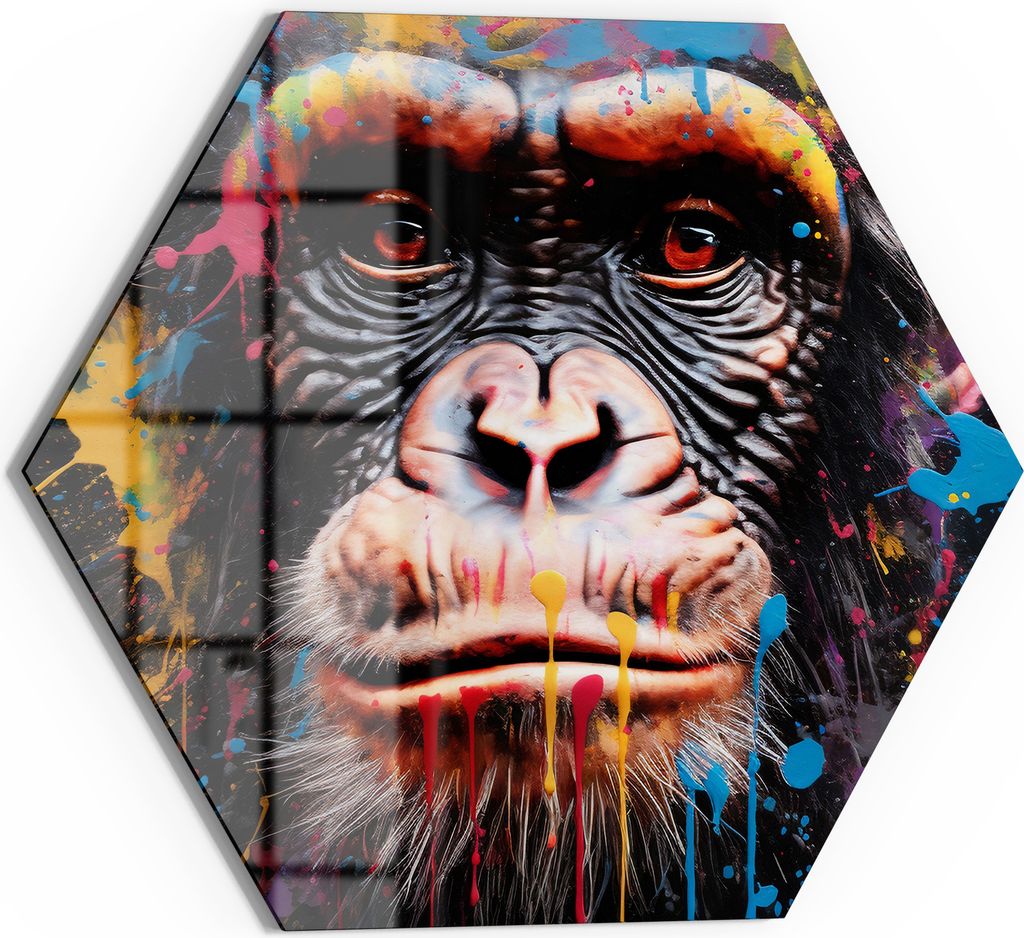 DEQOART Magnettafel Glas 40x35 cm 6-eckig 'Schimpanse im Farbtaumel' beschreibbar Whiteboard Küche