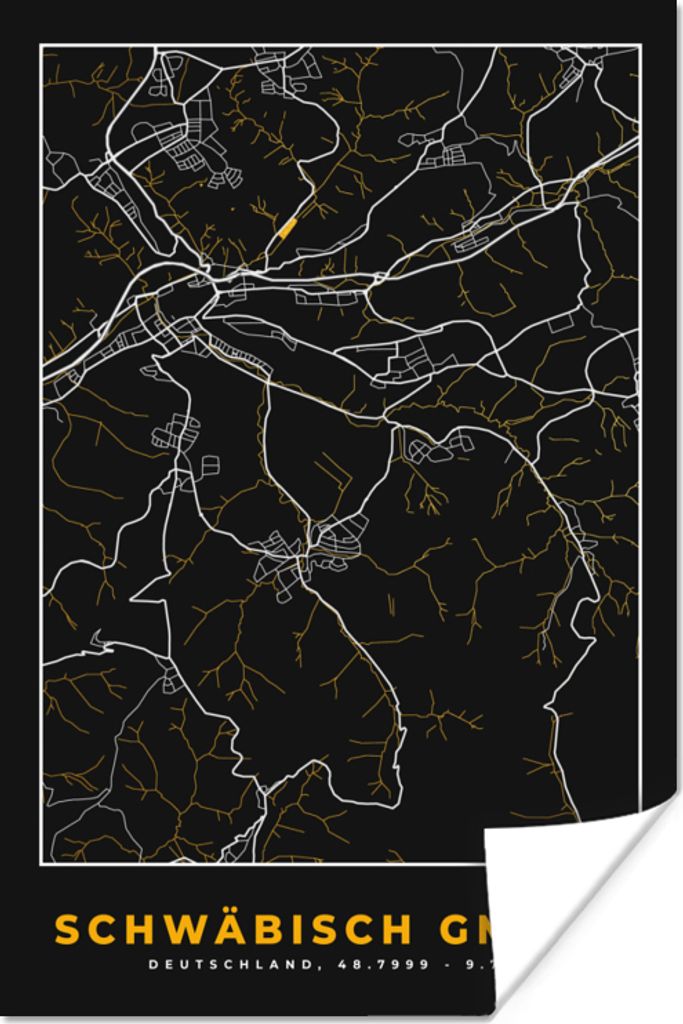 MuchoWow Poster Gold - Deutschland - Karte - Stadtplan - Schwäbisch Gmünd 80x120 cm - Papierdruck