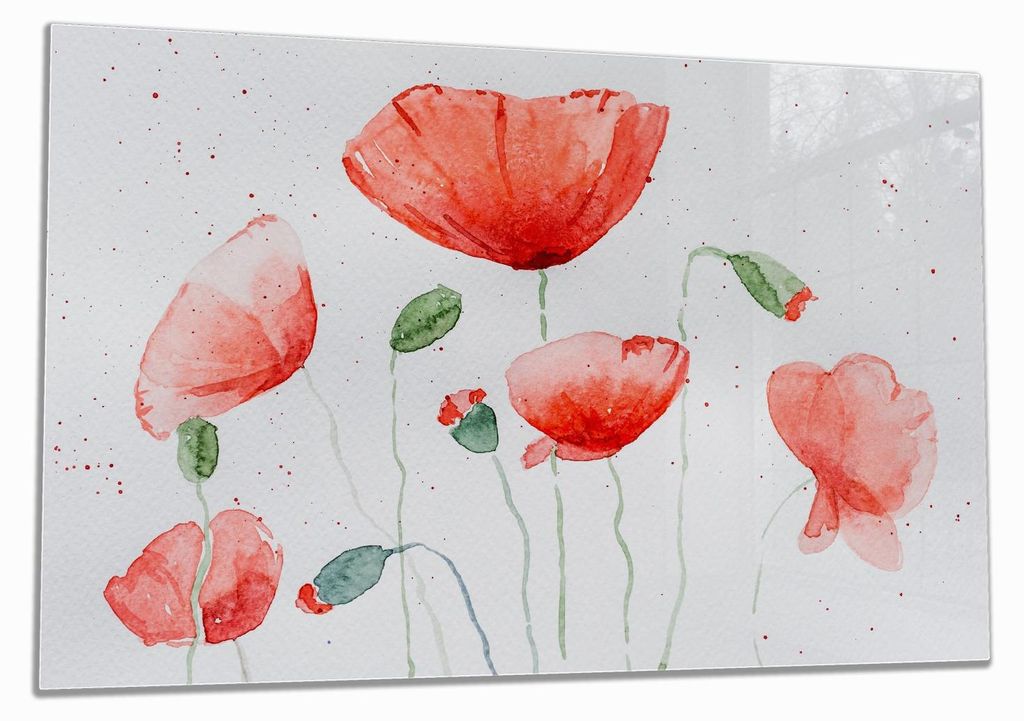 Wallario Herdabdeckplatte aus Glas, Größe 80 x 52 cm 1-teilig, Motiv Mohnblumen in Aquarell