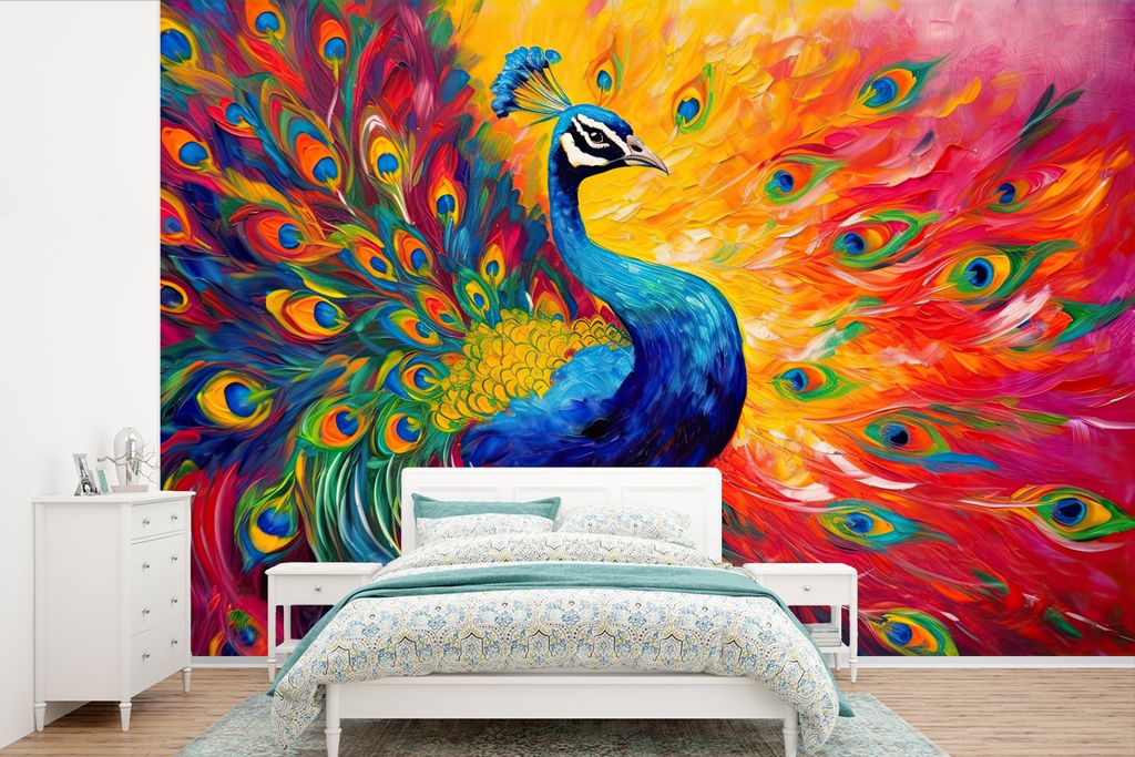 MuchoWow Fototapete für Wohnzimmer oder Schlafzimmer Wandtapete Vinyl Motivtapete Pfau - Kunst - Malerei - Pfauenfedern - 450x300 cm - Gemusterte