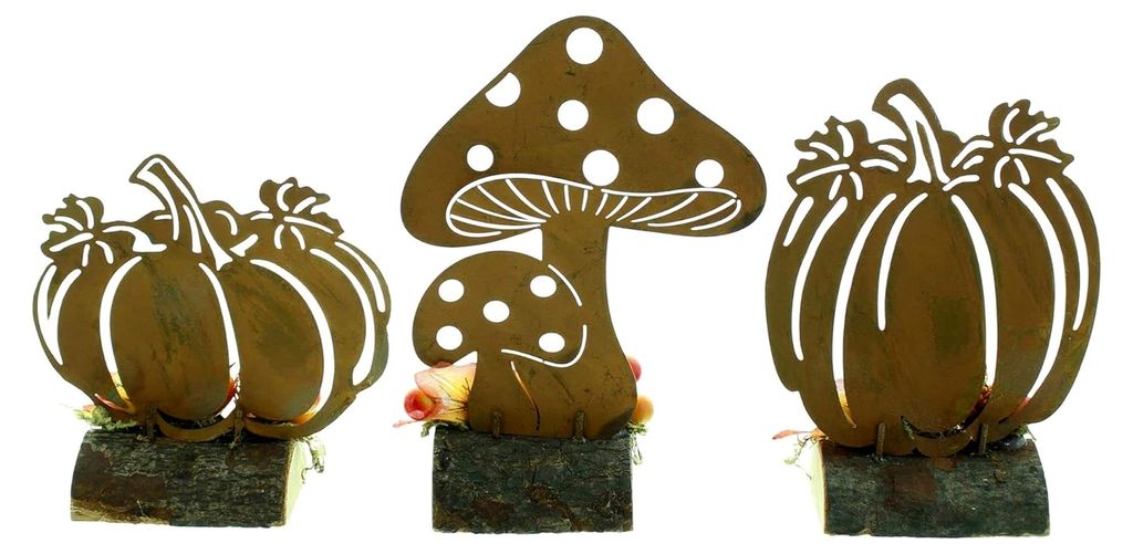Herbstdeko Rost, 3er Set, Metall im modernen Rostdesign, rustikaler Holzsockel, verziert mit Kunststoffbeeren und -blättern, Maße: Höhe 11 cm, 1...