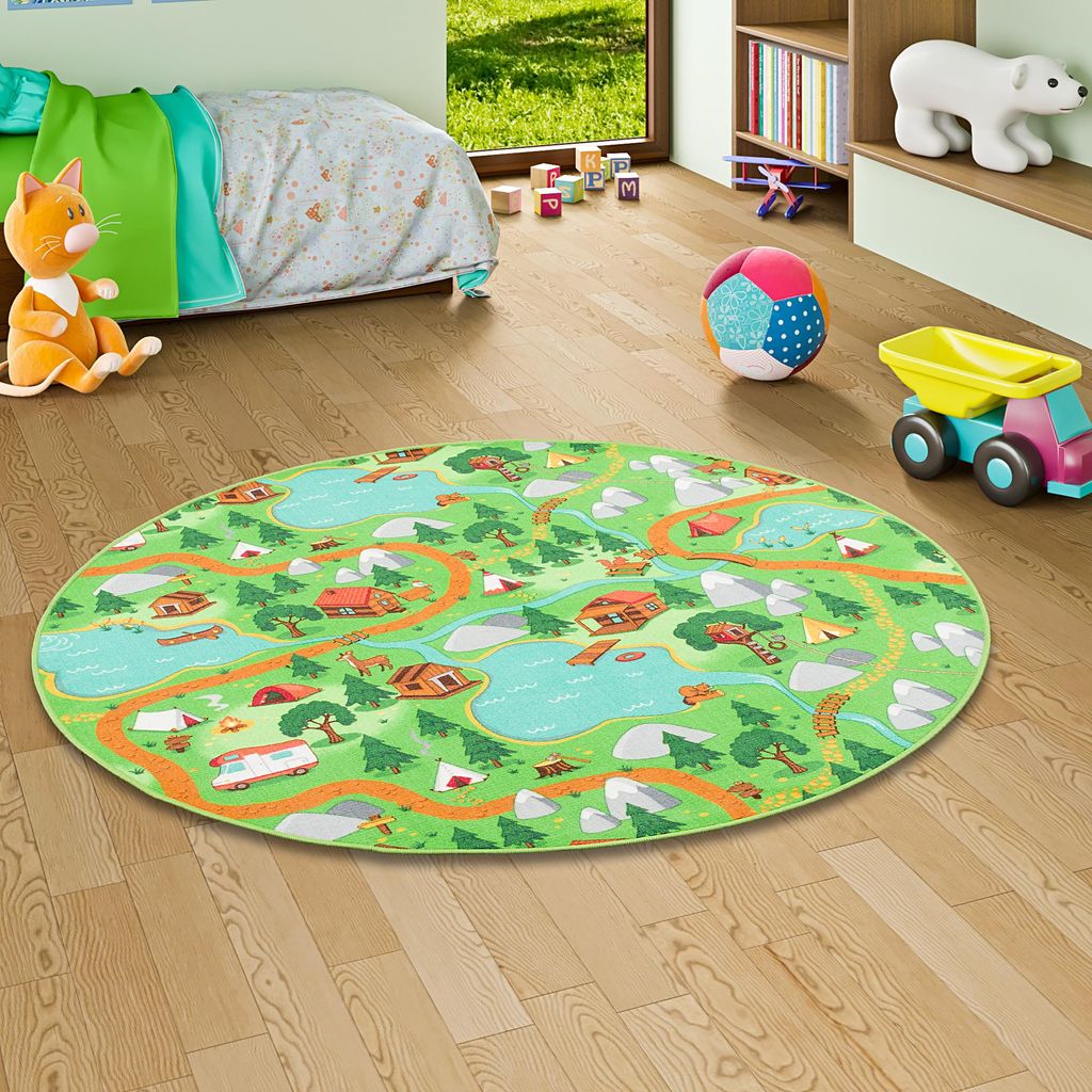 Kinder Spiel Teppich Campingplatz Grün Rund, Größe:133 cm Produktbild 