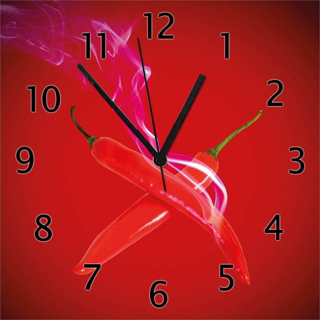 Wallario Design Wanduhr Rauchende Chili-Schoten im Duo vor rotem Hintergrund aus Echtglas, Größe 30 x 30 cm