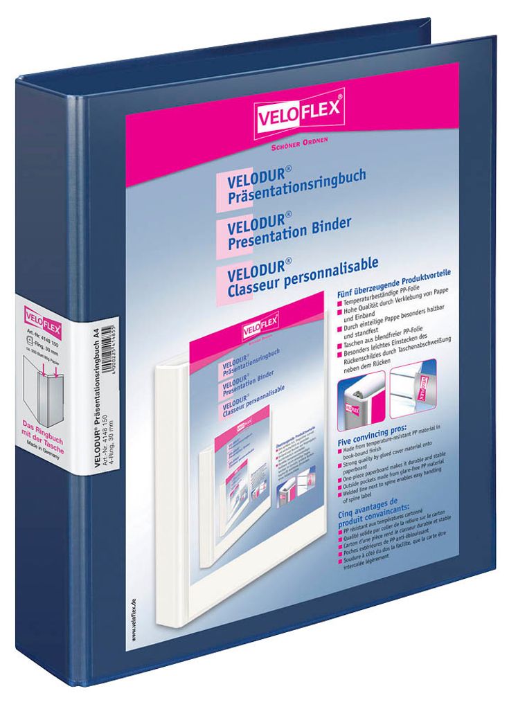 VELOFLEX VELODUR Präsentationsringbücher 4-Ringe blau 4,6 cm DIN A4, 10 St.