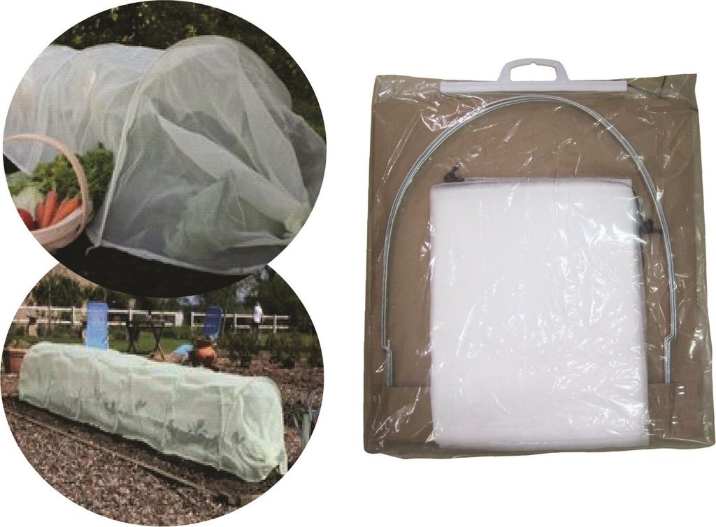 Collage showing a garden tunnel made of netting or fleece, both in use and packaged.