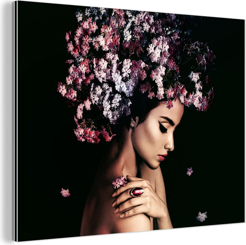MuchoWow Wanddekoration Metall Metallbild Wandkunst 80x60 cm Blossom - Frau - Rosa - Luxus MuchoWow Aluminium Gemälde - Alubild