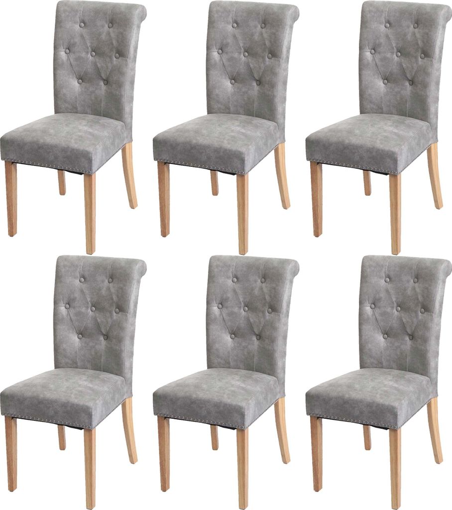 6er-Set Esszimmerstuhl gepolstert | HxBxT 98x47x62cm | Sitzhöhe 42cm | Nieten | Stoff/Textil | helle Beine | Hellgrau | Stuhl Küchenstuhl