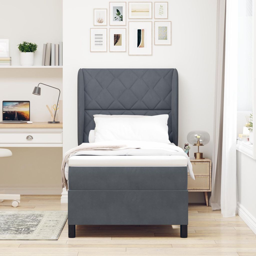 Möbel Polsterbett Boxspringbett mit Matratze Dunkelgrau 90x200 cm Samt - Bettrahmen - Klassische Betten Neu202549175