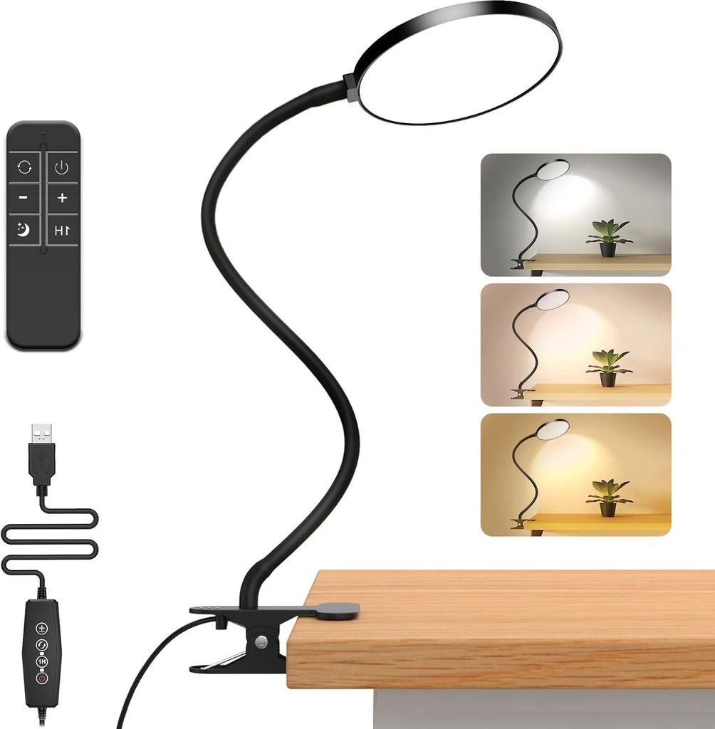 40cm LED Schreibtischlampe Dimmbar 3 Farbtemperaturen Verstellbarer Leselampe Augenschutz Tischlampe Klemmleuchte mit Timer und Fernbedienung