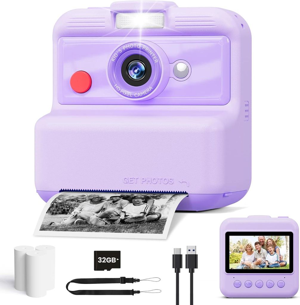 Sofortbildkamera Kinder 3 Zoll Bildschirm, 48MP/2,5K UHD Kinderkamera mit Sofortdruck, 32GB Karte, Spielzeug Geschenk für Jungen & Mädchen 3-12 J...