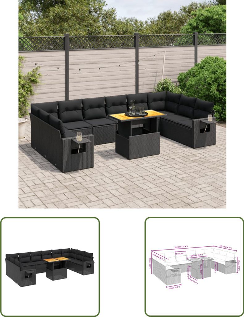 The Living Store 11-tlg. Garten-Sofagarnitur mit Kissen Schwarz Poly Rattan