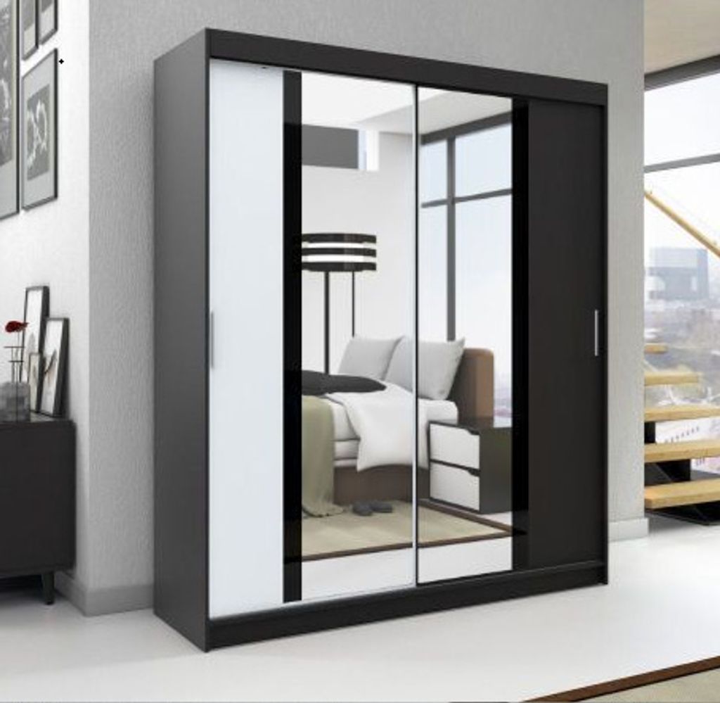 Schwebetürenschrank, 2-türig Schrank mit Spiegel, Kleiderschrank BRANI 160 Farbe: Schwarz / weiß / schwarz