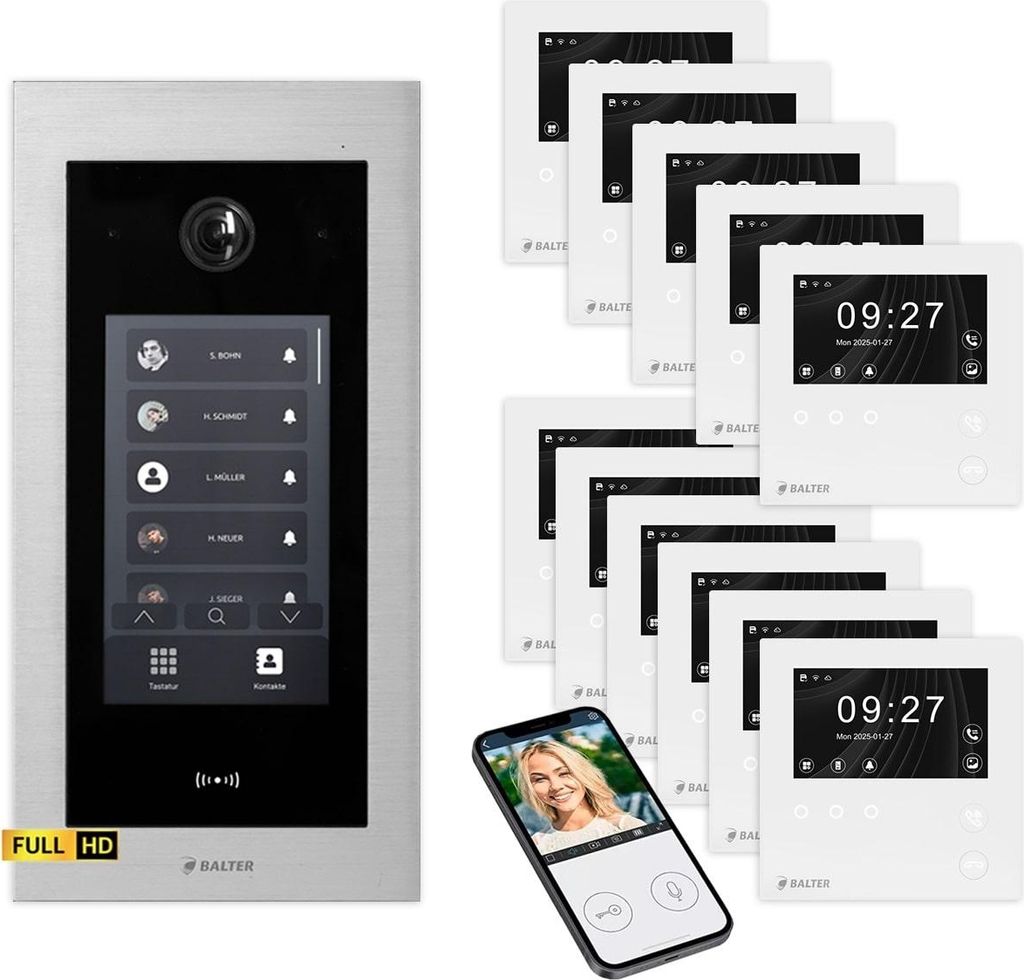 BALTER EVO HD Touch Video Türsprechanlage Silber 11x 4.3 Zoll Mini HD WiFi Monitor Weiß Set für 11 Familienhaus