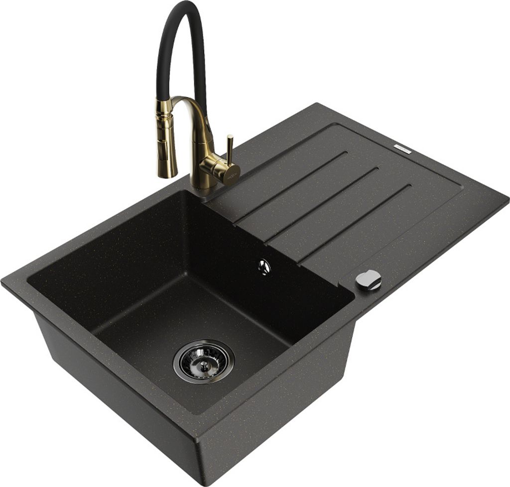 Mexen Bruno 1 Becken-Granitspüle mit Abtropffläche und Mischbatterie Aster, Schwarz/Gold metallisch - 6513-75-73450-57-B