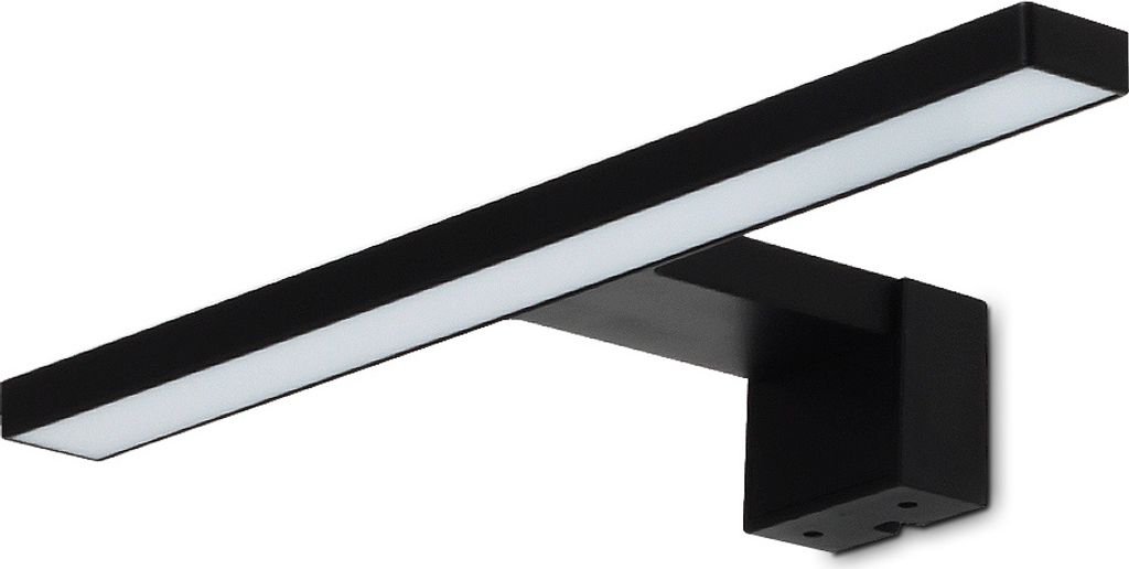 A black LED light fixture with a white light strip, mounted on a white background.