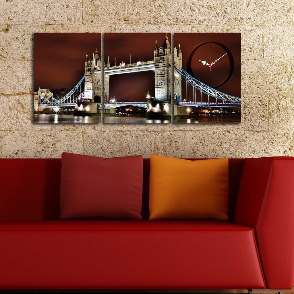 Opviq, 3P3040CS- CTY1677, Bunt, Wanduhren, 90 x 38 cm, 100% Wildleder -Leinwand