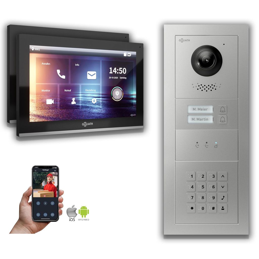 Goliath IP Video Türsprechanlage: 10-Zoll 2 Familienhaus, Zahlencode, Anzeige, Silber : 10 Zoll in Schwarz : Aufputzdose : 4er POE Anschluss über...