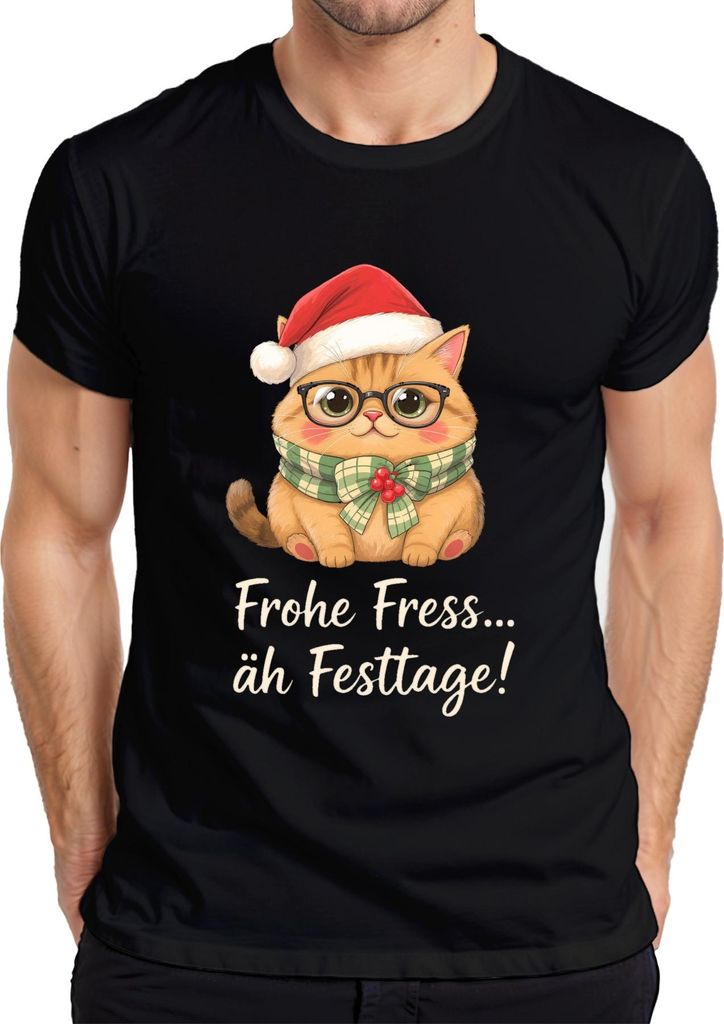Frohe Fress äh Festtage Weihnachtskatze lustig Geschenk Niedlich Herren T-Shirt, Schwarz, L