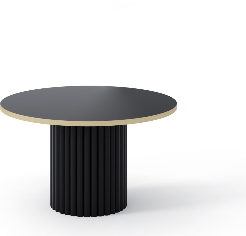 A round table with a black top and a fluted black base with a gold trim.