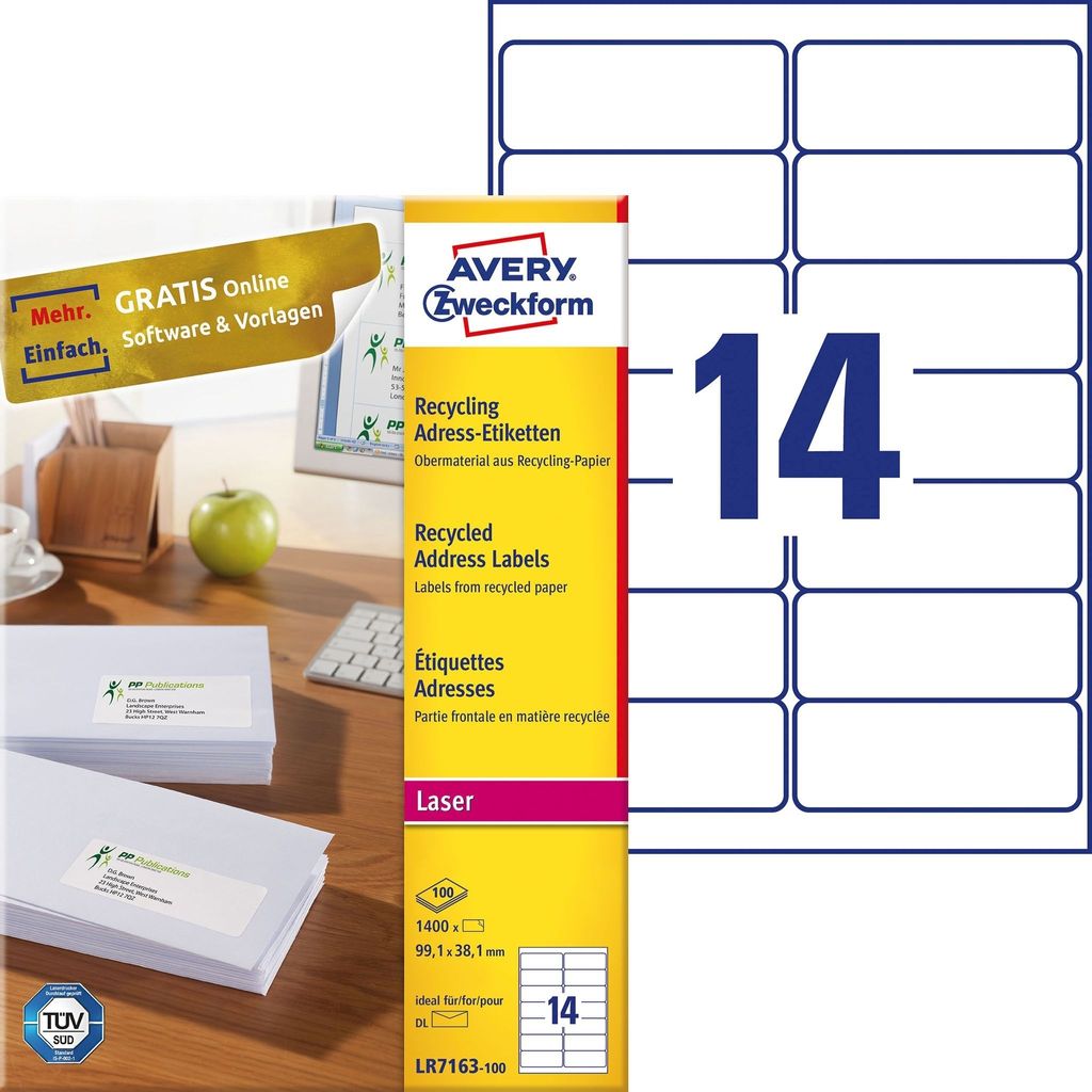 Adress-Etiketten 99,1x38,1 mm Recycling 100 Blatt/1400 Etiketten weiß Packung mit 5 Stück