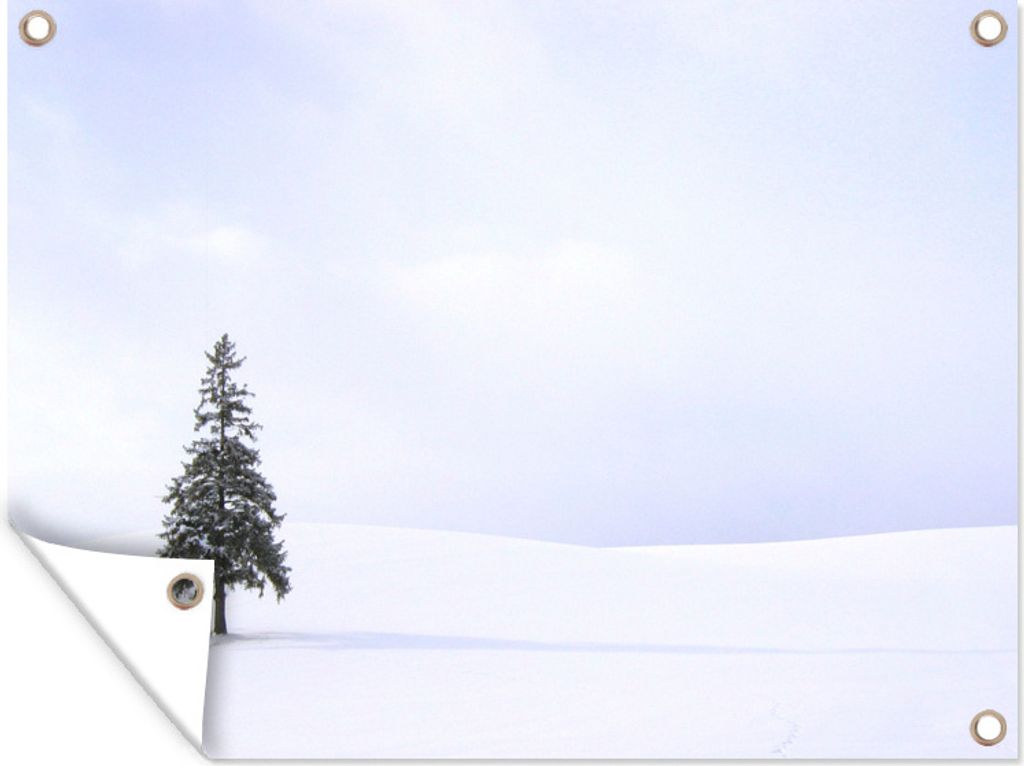 MuchoWow 80x60 cm Outdoor-Poster Gartendeko Sichtschutz Garten Poster für den Garten Eine verschneite Lücke mit einer Kiefer
