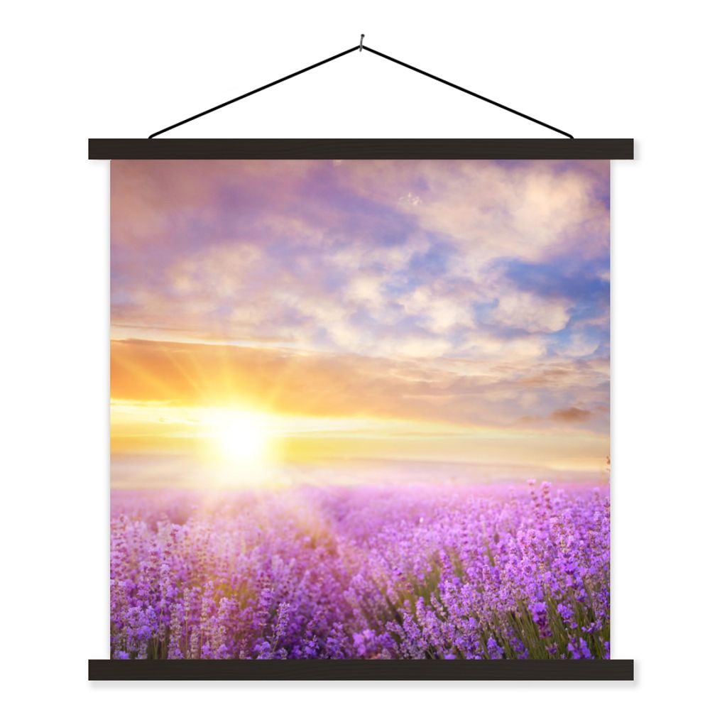 MuchoWow Textilposter Lavendel - Sonne - Himmel - Natur 120x120 cm mit schwarzem Rahmen - Aufhängungsset