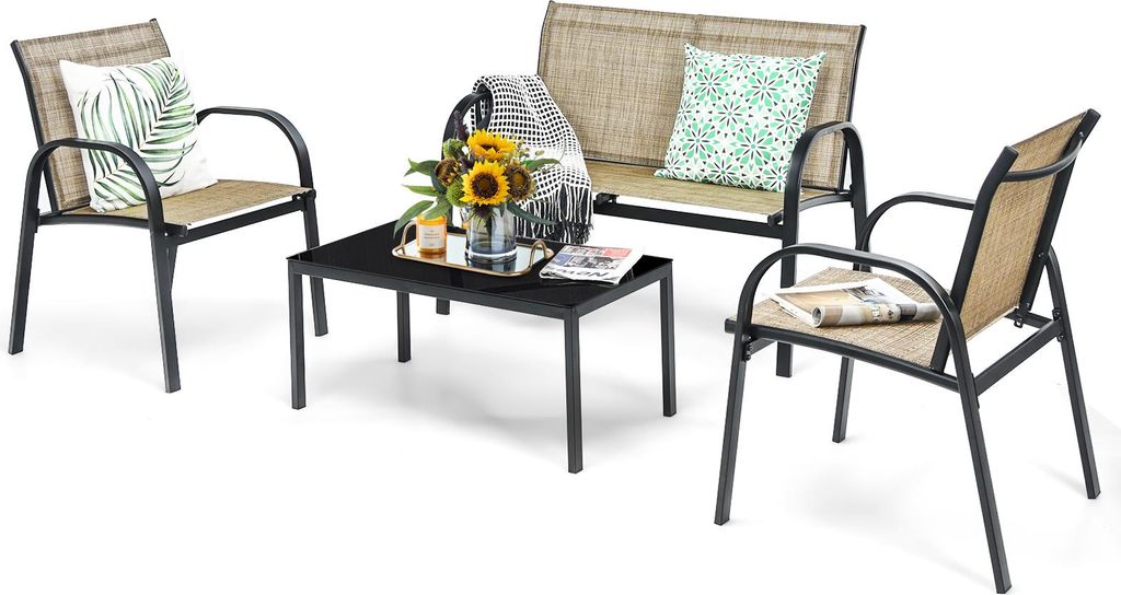 4 TLG. Gartenmöbel Lounge Set, Gartenlounge Set mit Couchtisch & Gartenbank & 2 Essstühle, Textilene Balkonmöbel Set 4 Personen, Braun