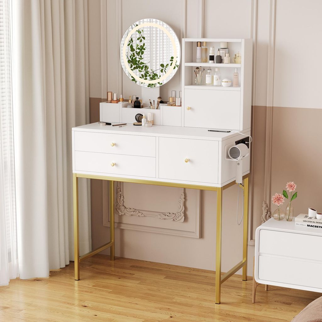 Merax Schminktisch mitSpiegel, LED-Beleuchtung, Einstellbare Helligkeit, 3 Schubladen, Tür, USB, Typ-C, Haartrocknerständer, Kosmetiktisch, Weiß