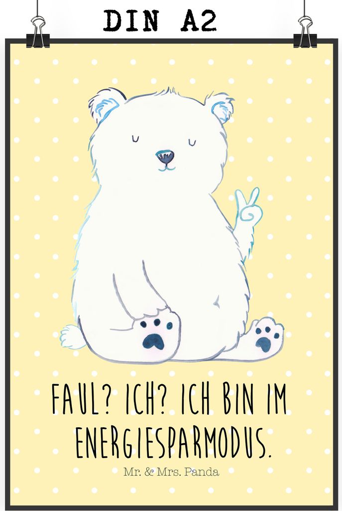 Mr. & Mrs. Panda Bild Eisbär Faul DIN A2 - Gelb Pastell - Geschenk, Plakat, Bär, kunstdruck poster, Deko, wanddeko, Teddy, Büro, Arbeit, drucke,...
