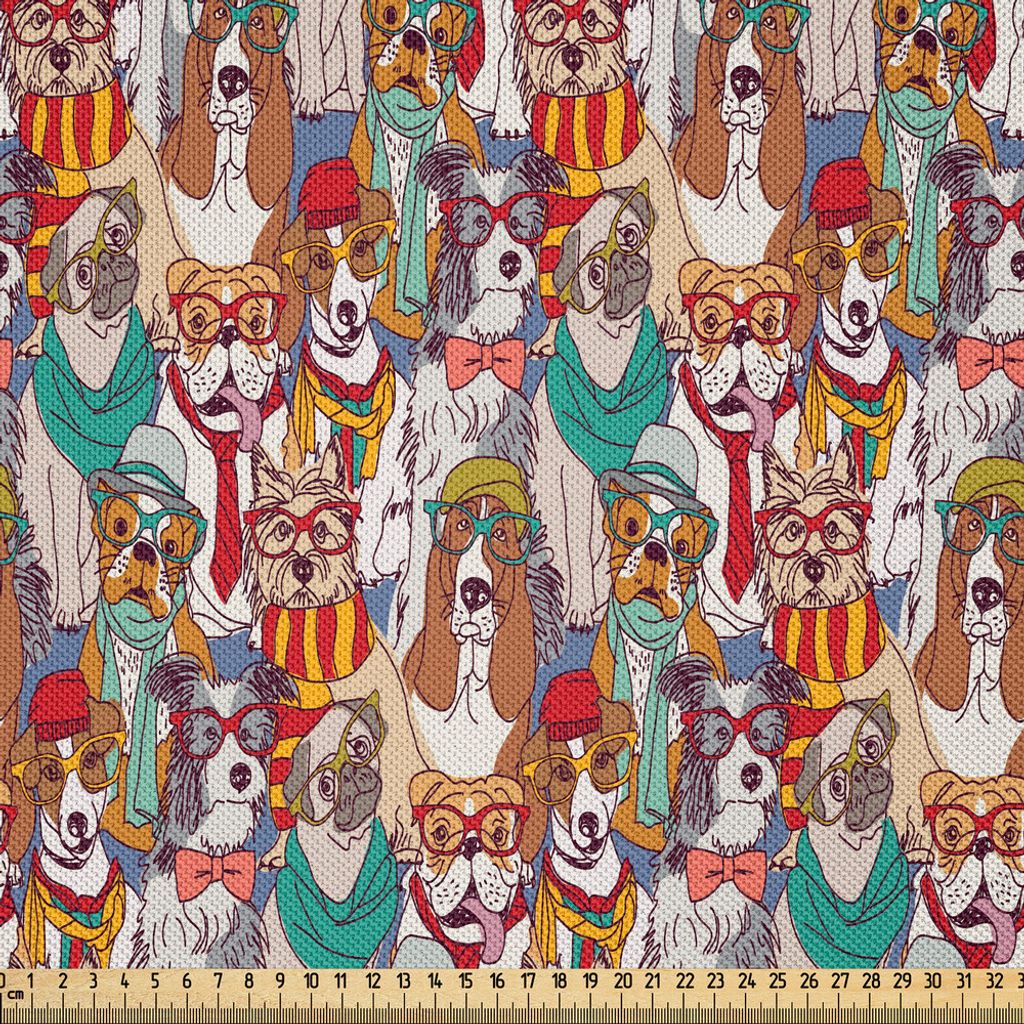 ABAKUHAUS Hund Satin Stoff als Meterware, Hipster Bulldog Schnauzer Pug Rassen mit Brille Hüte Schal Muster bunte Cartoon, 1 M (148 x 100 cm), Meh...