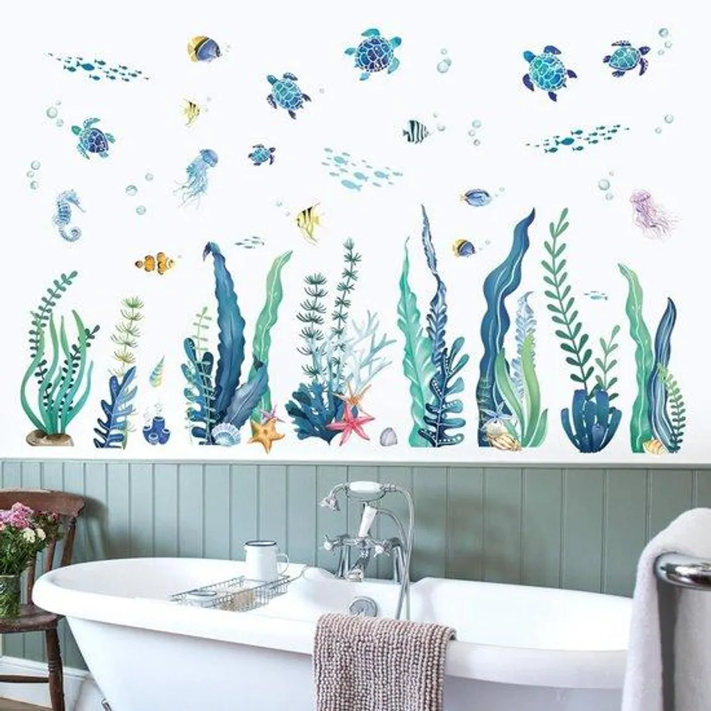 Décoration murale mer : autocollants tortues marines et algues en vinyle