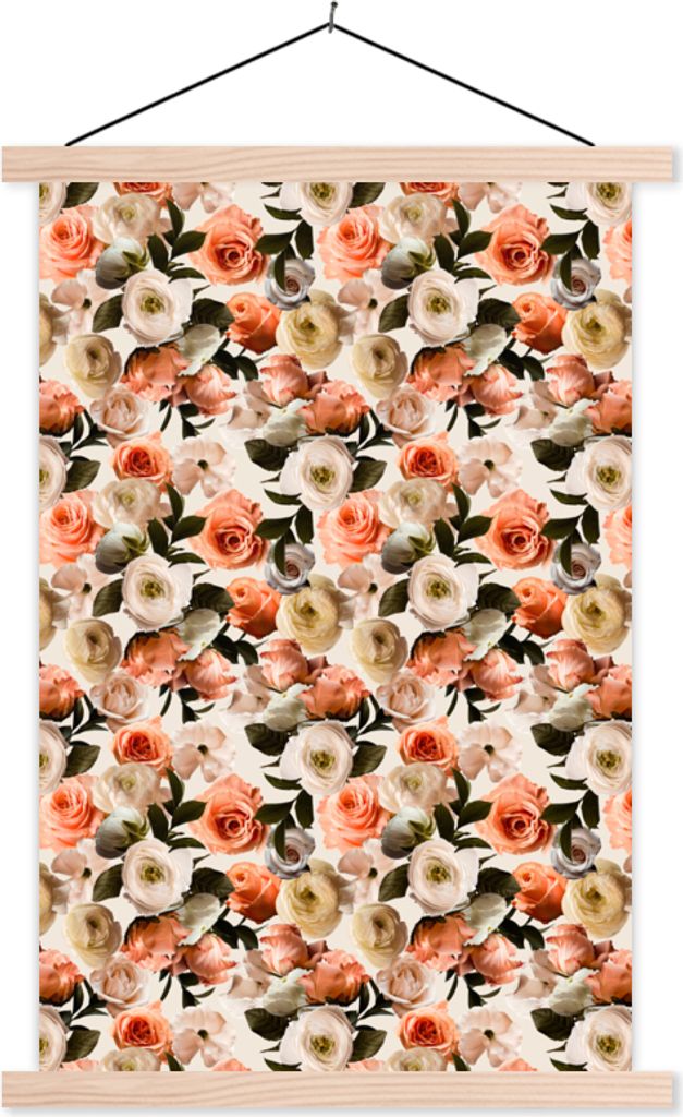MuchoWow Textilposter Rosen - Blumen - Collage 120x180 cm mit holzfarbenen Rahmen - Textil-Plakat