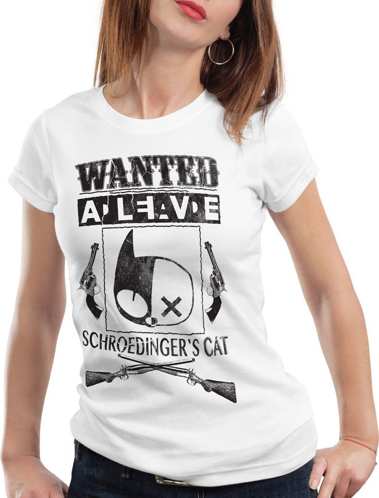 style3 Wanted Schroedinger's Katze Damen T-Shirt sheldon, Farbe:Weiß, Größe:M