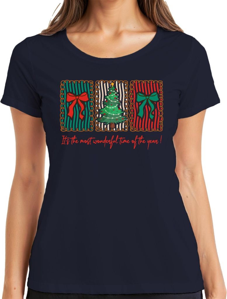 It's the most wonderful time Christmas tree bow holiday vintage Damen T-Shirt, Navy, S