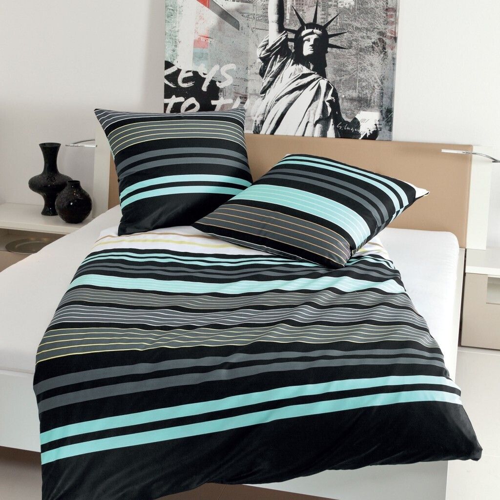 Janine Bettwäsche J.D. 8464 02 Aqua Graphit Mako Satin 155 cm x 220 cm