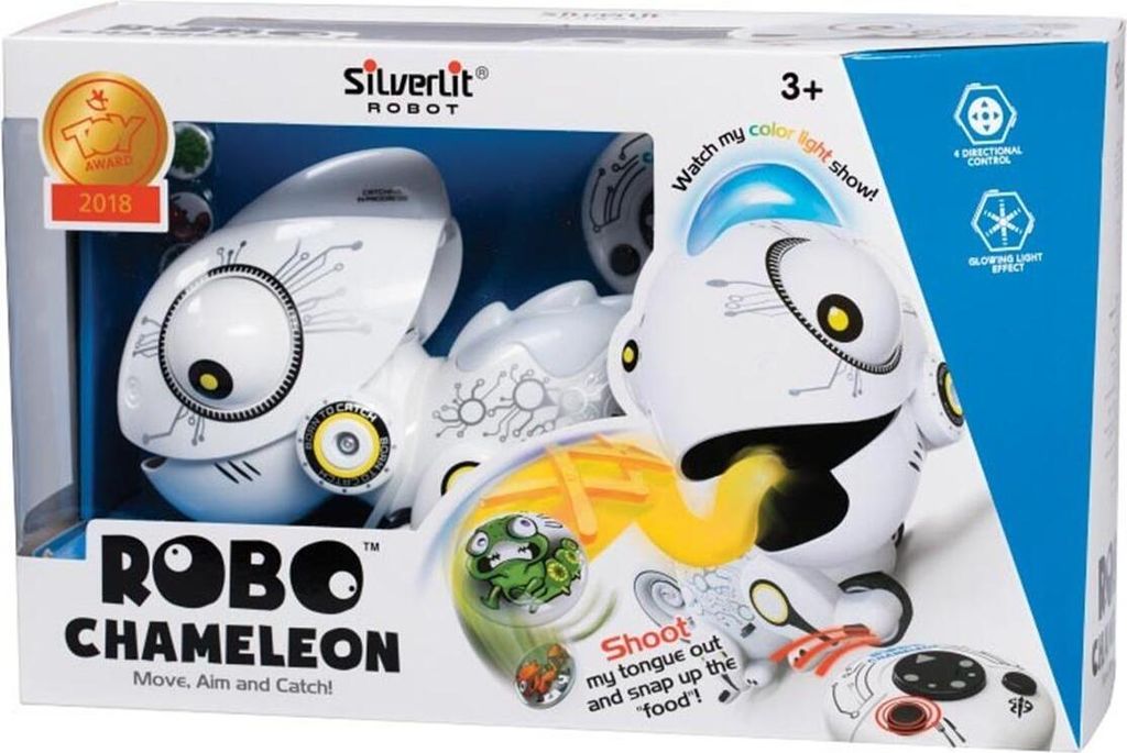 The image shows the retail packaging of a Silverlit Robo Chameleon toy. The packaging is designed to display the product prominently.