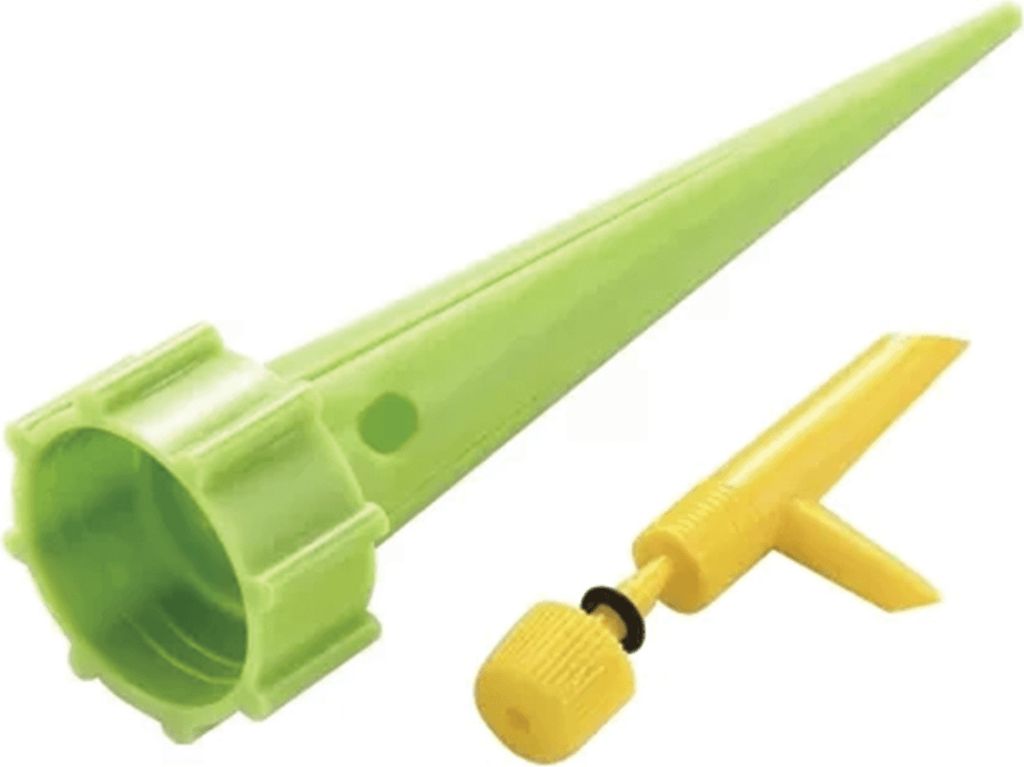 Two plastic plant watering cones, one green and one yellow, are shown against a white background.