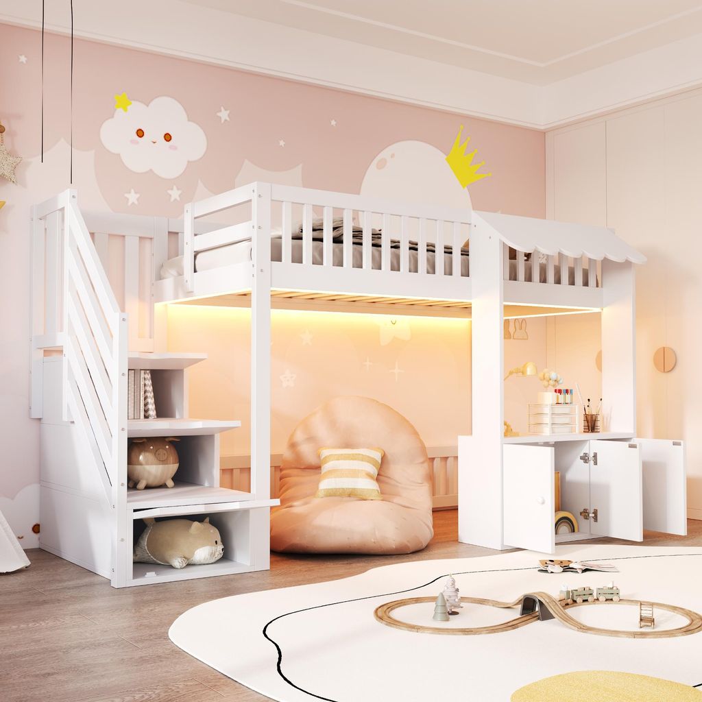 Flieks Etagenbett 90x200cm mit 2 Schrank, Kinderbett Hausbett mit Led und Stauraumtreppe, Hochbett Einzelbett mit Rausfallschutz, Weiß