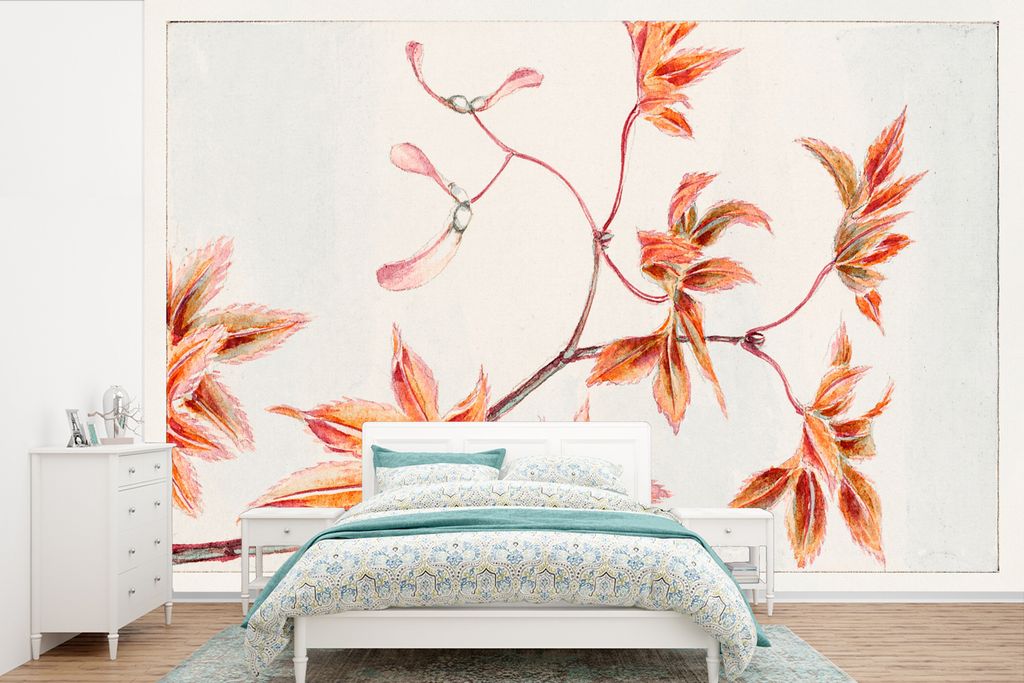 MuchoWow Fototapete für Wohnzimmer oder Schlafzimmer Wandtapete Vinyl Motivtapete Blätter - Baum - Ahorn - Vintage - Japanisch - 390x260 cm - P...