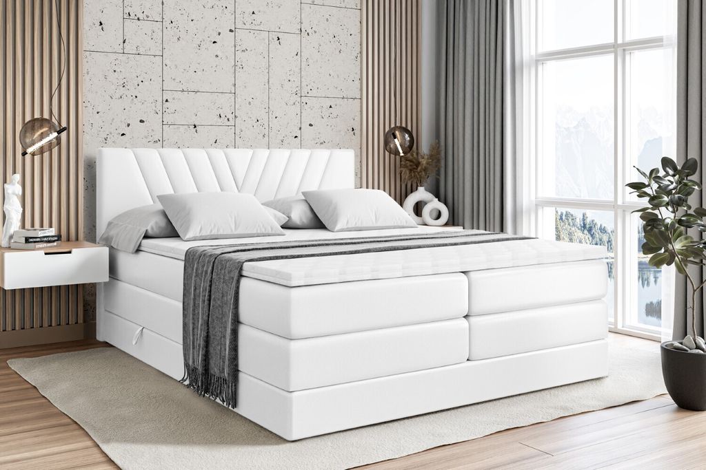 ALTDECOR Boxspringbett mit 2 Matratzen und Topper - 160x200 cm - ERNINA KING - Weiß Kunstleder - Polsterbett mit, H3- und H4- Matratzen, Bettkaste...